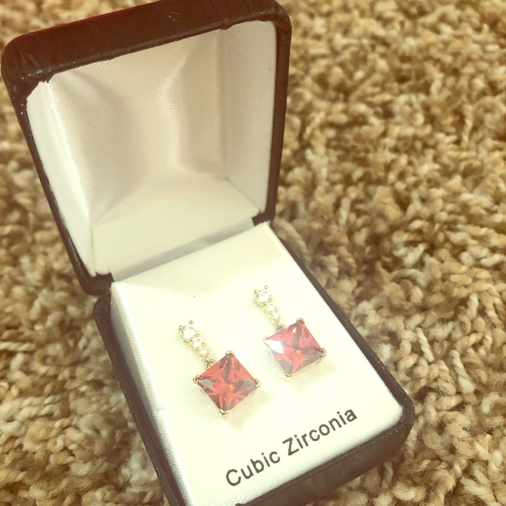 Cubic Zirconia Ruby Red and Gold dangled earrings.